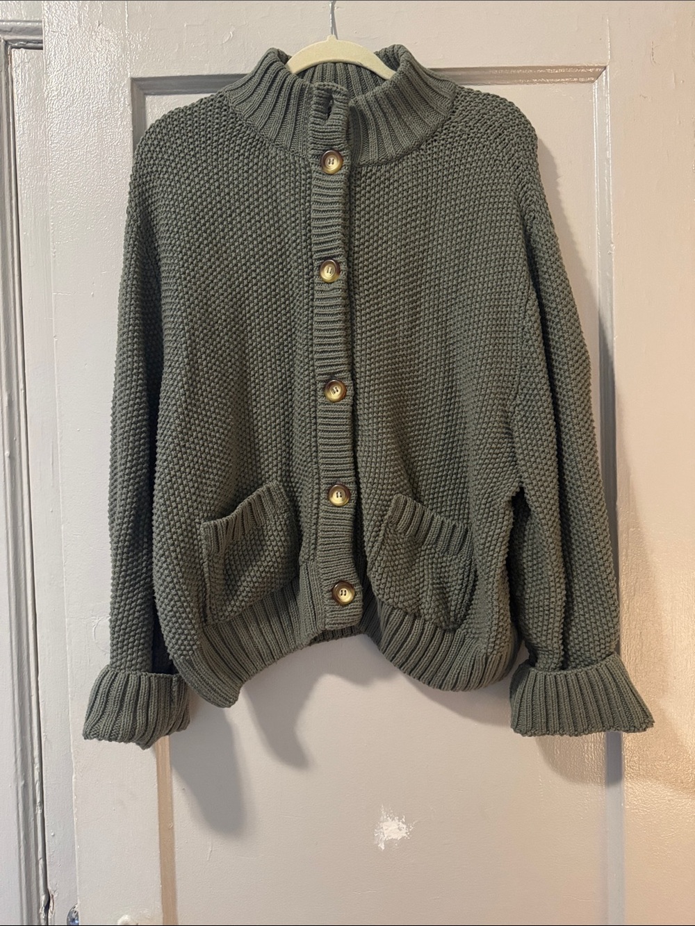 Textured Olive Green Button-Front Knit Coton Cardigan